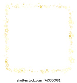 Stars, hoop and rings confetti. Scattered little gold, yellow, peach, orange elements. Random stellar and circles falling on white background. New Year and Christmas background. Vector illustration.