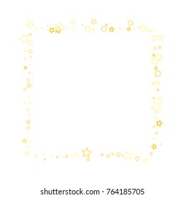 Stars, hoop and rings confetti. Scattered little gold, yellow, peach, orange elements. Random stellar and circles falling on white background. New Year and Christmas background. Vector illustration.