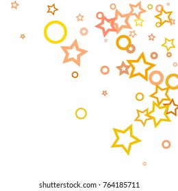 Stars, hoop and rings confetti. Scattered little gold, yellow, peach, orange elements. Random stellar and circles falling on white background. New Year and Christmas background. Vector illustration.