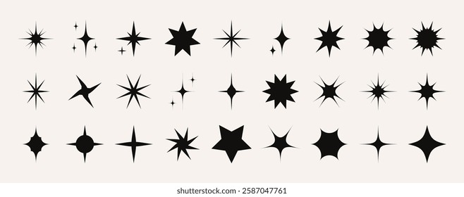 Stars icon collection. Abstract star set, geometric sparks and sparkle silhouette symbols, minimalist decorative retro starlight signs different shapes. Vector isolated set.