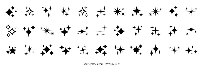 Icono de estrellas colección. Diferentes Formas estelares. Conjunto de iconos de estrellas negras.  Conjunto de iconos de estrella brillante. Ilustración vectorial 