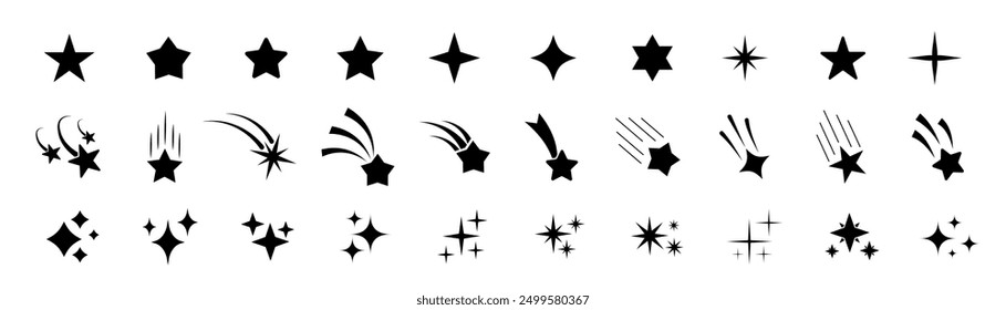 Icono de estrellas colección. Diferentes Formas estelares. Conjunto de iconos de estrellas negras.  Conjunto de iconos de estrella brillante. Estrellas caídas. Ilustración vectorial 