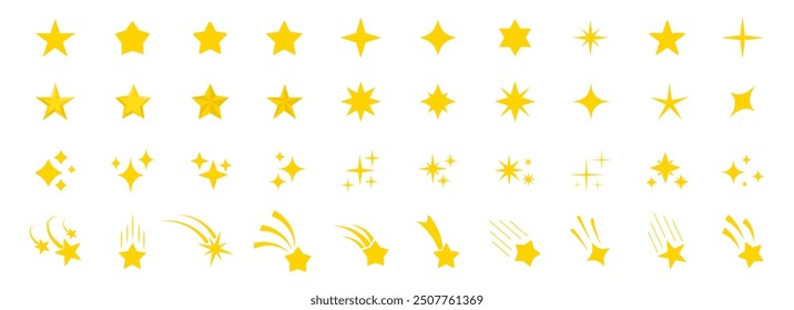 Stars icon collection. Different star shapes. Gold stars icon set.  Sparkle star icon set. Falling stars . Vector illustration 