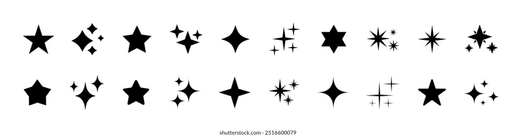 Stars icon collection. Different star shapes. Black stars icon set.  Sparkle star icon set. Falling stars . Vector illustration 