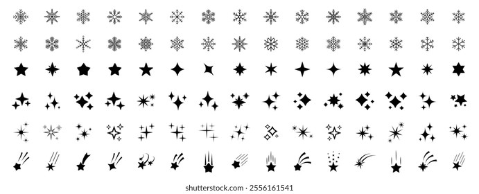 Stars icon collection. Different star shapes. Snowflakes set. Snowflake icons collection. Snow Icons. Sparkle star icon set. Vector illustration 