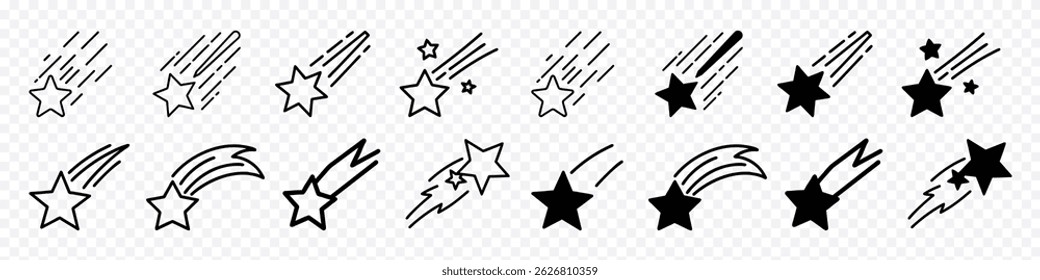 Ícone de estrela cadente ou meteoro representando queda de objetos celestes, estrelas faíscas, eventos do céu noturno, visuais astronômicos, movimento cósmico, chuvas de meteoros e exploração do espaço exterior