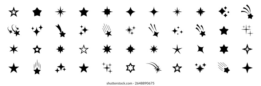 Icono de estrellas colección. Diferentes Formas estelares. Conjunto de iconos de estrellas.  Conjunto de iconos de estrella brillante. Estrellas caídas. Ilustración vectorial 