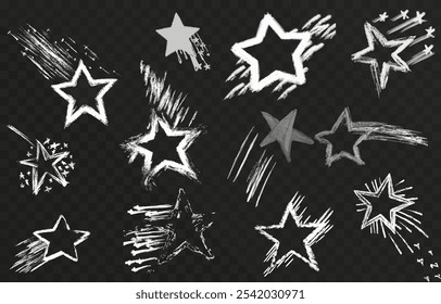 Icono de estrellas colección png. Diferentes Formas estelares. Conjunto de iconos de estrellas negras. Conjunto de iconos de estrella brillante. Estrellas caídas. Ilustración vectorial sobre fondo aislado.