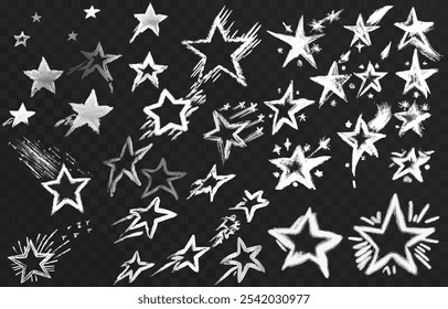 Icono de estrellas colección png. Diferentes Formas estelares. Conjunto de iconos de estrellas negras. Conjunto de iconos de estrella brillante. Estrellas caídas. Ilustración vectorial sobre fondo aislado.