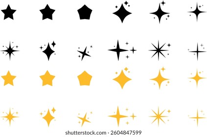 Stars icon collection. Set of sparkling stars, flickering and flashing lights star icon on transparent background.