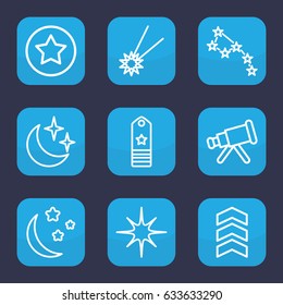 Stars icon. set of 9 outline stars icons such as star, moon and stars, rank, falling star, telescope