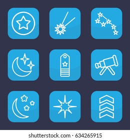 Stars icon. set of 9 outline stars icons such as star, moon and stars, rank, falling star, telescope