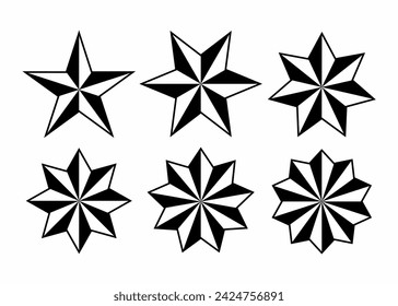 Stars icon set vector. Different shape of black and white stars isolated on white background. 