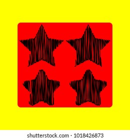 Stars icon. Vector. Black scribble icon in red container with rounded corners at yellow background. Isolated.