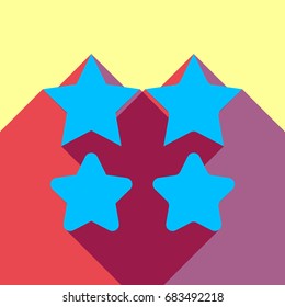 Stars icon. Vector. Deep sky blue icon with two flat violet and raspberry semitransparent shadows on canary background.