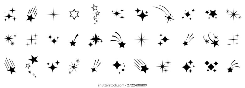 Sternensymbol, Vektorsatz. Sternschnuppen. Schwarze Sterne Symbol-Set. Leuchtstern-Symbolsatz. Glühender Lichteffekt. Abstrakte Silhouette der Sternschnuppe. Anderes Sternsymbol.