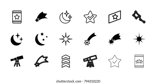 Stars icons. set of 18 editable filled and outline stars icons: falling star, star, moon and stars, rank, telescope