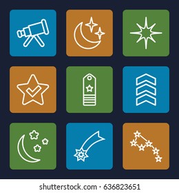 Stars icons set. set of 9 stars outline icons such as star, moon and stars, rank, telescope, constellation
