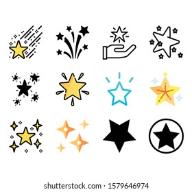 Stars icons set. Starry night, falling star, firework, twinkle,  glitter burst vector illustrations. Illustration vector