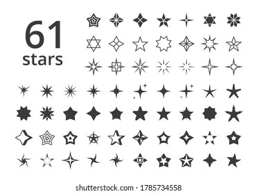 Stars icons of various shapes large set. Silhouette abstract decoration on golden polygon star of David flash art rating gaming bonus life jackpot in casino. Vector symbol.