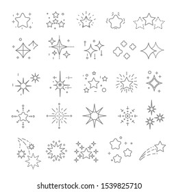 Stars isolated line icons, decorative star-shaped objects, holiday symbol, special event design vector. Snowflake and rhombus, shine or shimmer effect. Sparkles and Christmas decor linear symbols