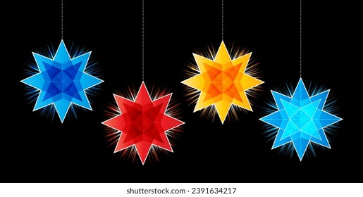 STARS ISOLATED, SET OF STARS GLOWING VECTOR ILLUSTRATION, Christmas Lights - Stars String Hanging, Star Abstract Defocused Background, MARRY CHRISTMAS AND HAPPY NEW YEAR GREETINGS