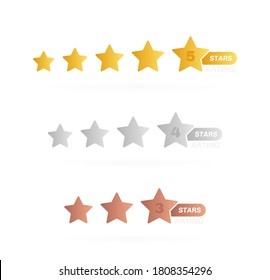 Stars label with different level of grade. Five, four and three stars rating. Customer product rating review. Modern vector illustration.