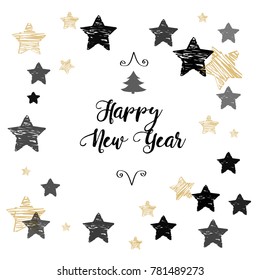 stars with a large sign. Greeting card with calligraphy. Creative seal of festive greetings. Happy New Year, vector