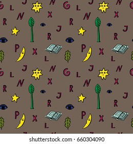 Stars, letters and food on brown, seamless pattern