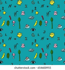 Stars, letters and food on turquoise, seamless pattern 