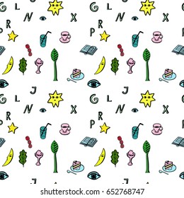 Stars, letters and food on white