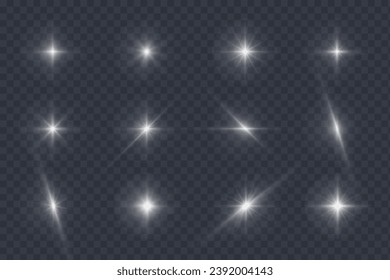Stars and light effects on a transparent background. Vector glowing elements isolated. Illuminated particles of the star set.