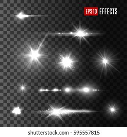 Stars and light flashes vector effects on transparent background with sparkling sun beams. Isolated set of glitter shine blurs and space sparks or luminous rays and starry glowing particles