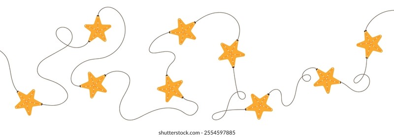 stars Light garland with line art and sketch. Decorative string design for Christmas and party themes. Flat vector illustration isolated on white background.