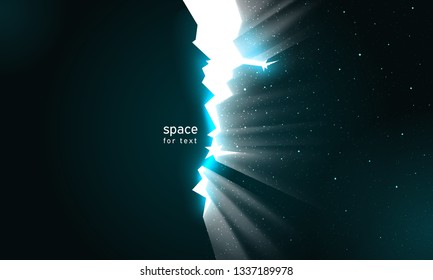 Stars and light in space from cracks in wall. Dark broken wall glow portal into universe. Dark background with crack continuum space for impressive design. Place for text, vector illustration