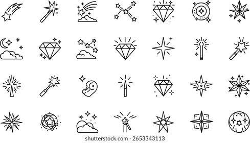 Ícone de linha de estrelas definido. Pictogramas vetoriais de estrela cadente, constelação, fase da lua, efeito cintilante, explosão de néon fina ilustração linear