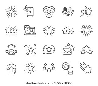 Stars line icons. Falling star, Night, Glitter burst. Firework, twinkle stars, chef guide award line icons. Favorite bookmark, premium star, ranking rate. Sparkle geometry shape. Vector