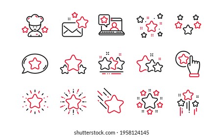 Stars line icons. Night star, Firework glitter and Favorite sign. Twinkle stars, Chef award line icons. Favorite bookmark, premium star, ranking rate. Sparkle geometry shape. Linear set. Vector