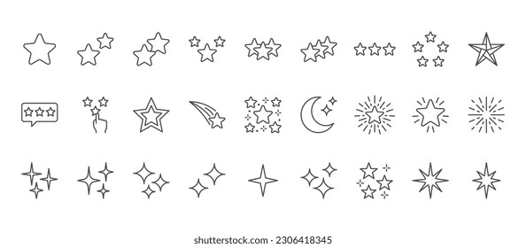 Iconos de línea de estrellas establecidos. Rango - calidad, favorito, fuego brillante, caída, flash, parpadeo, brillo brillante, magia, fantasía de ilustración vectorial. Señales de contorno para buenos hábitos. Stroke Editable