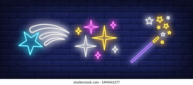 Stars and magic wand neon signs set. Celebration, success, rating design. Night bright neon sign, colorful billboard, light banner. Vector illustration in neon style.