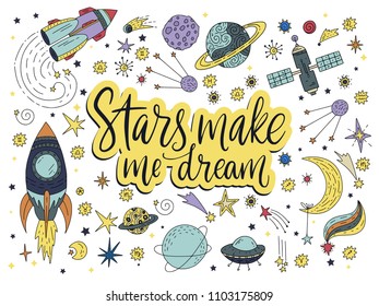 Stars make me dream. Handdrawn vector lettering quote with galaxy illustrations.