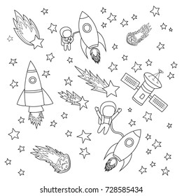 Stars and meteorites, a rocket and an astronaut, satellites. Drawing, sketch. Vector illustration. Template on the theme of space