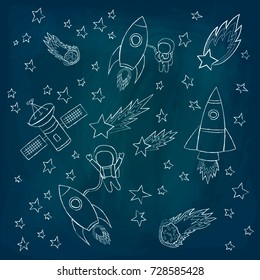 Stars and meteorites, a rockets and an astronaut, satellites. Drawing, sketch. Vector illustration. Template on the theme of space