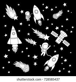 Stars and meteorites, a rockets and an astronaut, satellites. Drawing. Vector illustration. Template on the theme of space