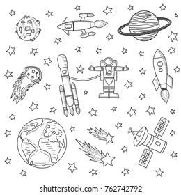 Stars and meteorites, space ships and astronaut, satellites on a white background. Sketch of the drawing, colorless. Vector illustration. Template on the theme of space