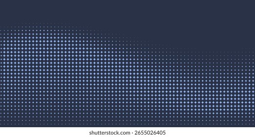 Estrellas Moderno Halftone Geometría Patrón Vector Suave Camber Borde Azul Fondo Abstractas. Textura sutil de línea de curva de partículas descoloridas a cuadros. Fondo de pantalla ancho minimalista gráfico de contraste de medio tono