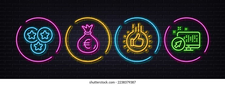 Stars, Money bag and Like hand minimal line icons. Neon laser 3d lights. Web system icons. For web, application, printing. Ranking stars, Euro currency, Thumbs up. Computer. Vector