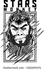 Stars Monkey Black and White Illustration