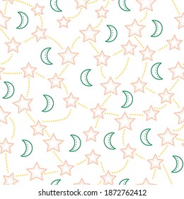 stars, moon, astrology, abstract vector seamless pattern on white background. Concept for wallpaper, wrapping paper, cards