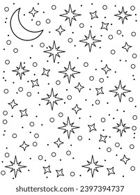 Stars and moon. Background. Coloring book Black and white vector illustration.